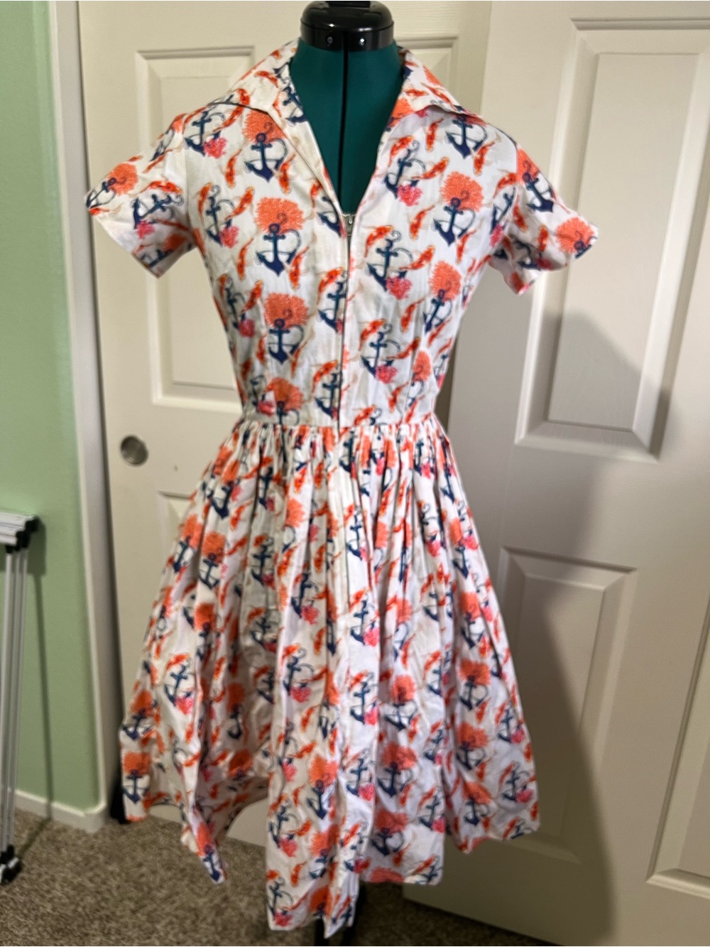 Bernie Dexter Kelly Dress Orange Coral and Navy Anchor Print